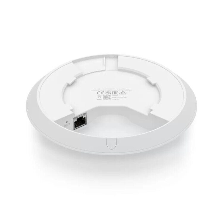 Ubiquiti U6+ access point. WiFi 6 model with throughput rate of 573.5 Mbps at 2.4 GHz and 2402 Mbps at 5 GHz. No POE injector included. UI recommends U-POE-AF or POE switch