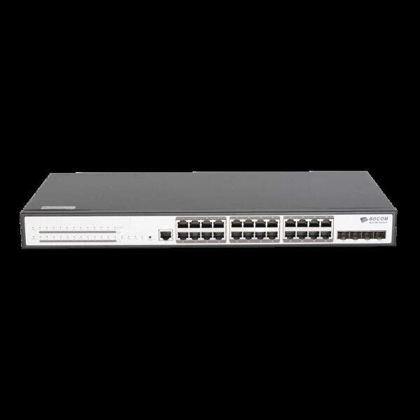 Управляемый PoE коммутатор уровня 3 BDCOM S2900-24P4X, 24x 10/100/1000Base-T PoE 802.3af/at до 370W, 4x 1/10GE SFP+, 220VAC + 36-72VDC